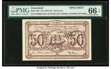 Greenland Danish Administration 50 Kroner ND (1953-67) Pick 20s Specimen PMG Gem Uncirculated 66 EPQ. A roulette Specimen punch is noted on this examp...