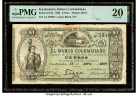 Guatemala Banco Colombiano 1 Peso 17.4.1900 Pick S121b PMG Very Fine 20. Stains and paper pulls are noted on this example.

HID09801242017

© 2020 Her...