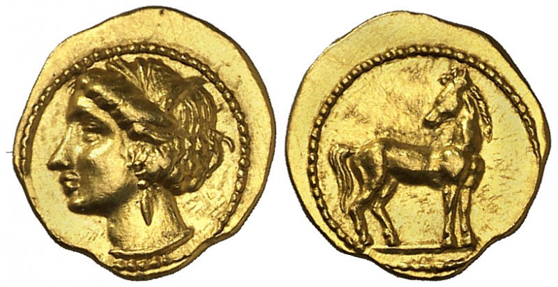 (350-320 a.C.). Zeugitana. Cartago. 1/5 de estátera de oro. (S. 6454). 1,49 g. M...