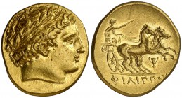 Imperio Macedonio. Filipo II (359-336 a.C.). Estátera de oro. (S. 6664 var) (CNG.III, 846). 8,58 g. Bella. EBC/EBC+.