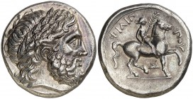 Imperio Macedonio. Filipo II (359-336 a.C.). Amfípolis. Tetradracma. (S. 6682 var) (CNG. III, 865). 14,40 g. Anverso ligeramente repintado. Atractiva....