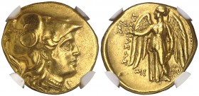 Imperio Seléucida. Seleuco I, Nicator (312-281 a.C.). Babilonia. Estátera de oro. (S. 6827 var) (CNG.IX, 3a). 8,56 g. En cápsula de la NGC como AU (st...