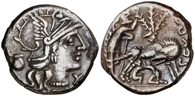 (hacia 137 a.C.). Gens Pompeia. Denario. (Bab. 1) (Craw. 235/1a). 3,84 g. MBC+.