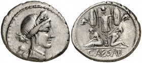 (46-45 a.C.). Julio César. Denario. (Spink 1404) (S. 13) (Craw. 468/1). 3,90 g. Escasa. MBC+.