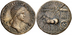 (37-41 d.C.). Agripina madre. Sestercio. (Spink 1827) (Co. 1) (RIC. 55, de Calígula) 26,33 g. Grieta. Rara. MBC/MBC+.