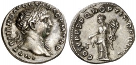 (108 d.C.). Trajano. Denario. (Spink 3122) (S. 85) (RIC. 118 var). 3,30 g. EBC-.