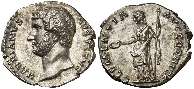 (130 d.C.). Adriano. Denario. (Spink 3464) (S. 219) (RIC. 206). 3,61 g. Bellísim...