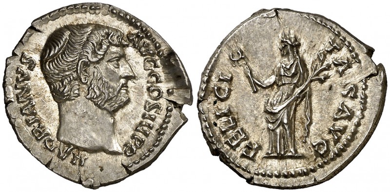 (134 d.C.). Adriano. Denario. (Spink falta) (S. 614) (RIC. 234). 3,50 g. Bellísi...