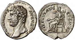 (130-131 d.C.). Adriano. Denario. (Spink 3515) (S. 1047) (RIC. 219). 3,33 g. Bella. Muy escasa. EBC.