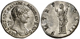 (120 d.C.). Adriano. Denario. (Spink 3524 var) (S. 1115) (RIC. 96). 3,54 g. Bella. EBC+.