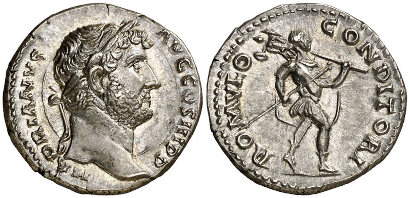 (138 d.C.). Adriano. Denario. (Spink 3538 var) (S. 1316) (RIC. 266). 3,49 g. Muy...