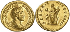 (159-160 d.C.). Antonino pío. Áureo. (Spink 4016 var) (Co. 623 var) (RIC. 302b var) (Calicó 1601a, mismo ejemplar como 1599). 7,24 g. Atractiva. EBC-....