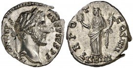 (145 d.C.). Antonino pío. Denario. (Spink 4089) (S. 490a) (RIC. 155). 3,28 g. Muy bella. EBC+.