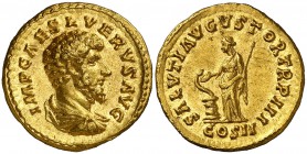 (163 d.C.). Lucio Vero. Áureo. (Spink 5336) (Co. 171 var) (RIC. 496) (Calicó 2163). 7,25 g. Bella. EBC.