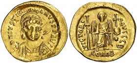 Justiniano I (527-565). Constantinopla. Sólido. (Ratto 441) (S. 137). 4,36 g. Rayitas en anverso. MBC+.