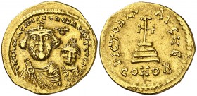 Heraclio y Heraclio Constantino (610-641). Constantinopla. Sólido. (Ratto falta) (S. 738). 4,41 g. Grafito en reverso. MBC+.