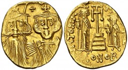 Constante II, Constantino IV, Heraclio y Tiberio (659-668). Constantinopla. Sólido. (Ratto 1605-1609) (S. 964). 4,36 g. Rayas en ambas caras. MBC.