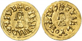 Gundemaro (610-612). Elvora (Talavera de la Reina). Triente. (CNV. 202) (R. Pliego 230a). 1,44 g. Muy rara. MBC+.