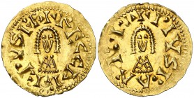 Recaredo II (621). Barbi (Antequera). Triente. (CNV. 277) (R. Pliego 332). 1,42 g. Bella. Extremadamente rara. EBC.