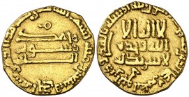 AH 171. Califato Abasida de Bagdad. Harun al-Rashid. Dinar. (S. Album 218.7A). 3,97 g. Acuñado en Misr (Egipto). Sin marca de ceca, sólo sobre el reve...