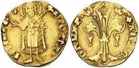 Pere III (1336-1387). Perpinyà. Florí. (Cru.V.S. 384) (Cru.C.G. 2206). 3,42 g. Marca: rosa de anillos. Gráfila interior en reverso. Punto entre los pi...