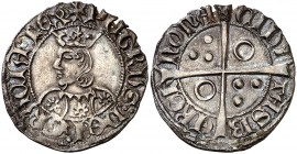 Pere III (1336-1387). Barcelona. Croat. (Cru.V.S. 415) (Cru.C.G. 2221). 3,15 g. Flores de siete pétalos en el vestido. Letras góticas excepto la T del...