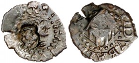 s/d. Felipe III. Banyoles. Diner. (Cru.C.G. 3661) (Cru.L. 1061). 0,54 g. Contramarca: cabeza de fraile en anverso, realizada en 1605. MBC.
