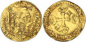s/d. Carlos I. Barcelona. 1 escudo. (Cal. falta) (Cru.C.G. falta). 3,25 g. Acuñada para la expedición a Túnez. Rara. MBC.