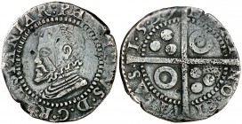 1597. Felipe II. Barcelona. 1 croat. (Cal. 607 var) (Cru.C.G. 4246g). 3,16 g. Rayitas. Rara. (MBC-).