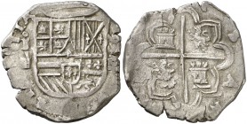 1593/2. Felipe II. Segovia. . 4 reales. (Cal. 360). 13,69 g. Escudo entre /acueducto y fecha de dos dígitos/. Ex Áureo 15/12/1992, nº 409. Ex Colecció...