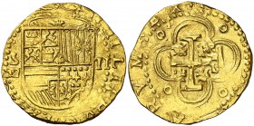 s/d. Felipe II. Sevilla. . 2 escudos. (Cal. 60) (Tauler 31). 6,75 g. Con el ordinal del rey. Atractiva. Escasa. MBC+.