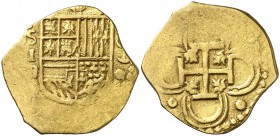 (1)590. Felipe II. Sevilla. B. 2 escudos. (Cal. falta) (Tauler 44a, mismo ejemplar) 6,68 g. Muy rara. MBC.