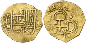 1591/0. Felipe II. Sevilla. H/. 2 escudos. (Cal. falta) (Tauler 43a, indica la H del ensayador rectificada sobre D). 6,73 g. Escudo entre S//H y fecha...