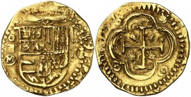 1591. Felipe II. Toledo. . 2 escudos. (Inédita). 6,77 g. Fecha en leyenda. MBC+.