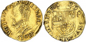 s/d. Felipe II. Dordrecht. 1/2 real de oro. (Vti. 1393) (Vanhoudt 262). 3,47 g. Rara. MBC.