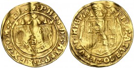 s/d. Felipe II. Middelbourg. Doble ducado. (Vti. 1489) (Vanhoudt 418.MD). 6,76 g. Alabeada. Rara. (MBC-).