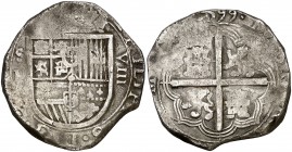 (1)599. Felipe III. Sevilla. B. 8 reales. (Cal. 168). 27,44 g. Tipo "OMNIVM". Muy rara. BC+.