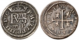 1627. Felipe IV. Segovia. 1/2 real. (Cal. 1195). 1,85 g. Acueducto de dos arcos. Buen ejemplar. MBC+.