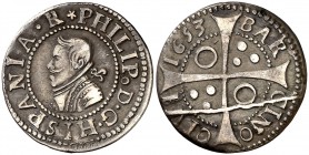 1653. Felipe IV. Barcelona. 1 croat. (Cal. 982) (Cru.C.G. 4414). 3,01 g. Rayita del cuño. Buen ejemplar. Escasa así. MBC+.