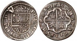 1652/22. Felipe IV. Segovia. . 2 reales. (Cal. 936). 5,78 g. Rayita en reverso. Pátina. Buen ejemplar. MBC+.