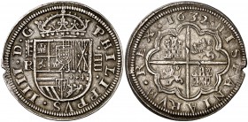 1632/20. Felipe IV. Segovia. R. 4 reales. (Cal. 793 var). 13,77 g. Pequeño defecto en canto y dos rayitas en reverso. Atractiva pátina. Rara. MBC+.