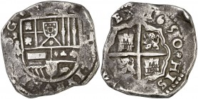 1650. Felipe IV. Madrid. . 8 reales. (Cal. 291). 26,47 g. La leyenda del reverso comienza a las 3h del reloj. La ceca está en letras pequeñas que cont...