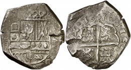1651. Felipe IV. Valladolid. F. 8 reales. (Cal. 646 (indica "rarísima" sin precio). 27,26 g. Leves oxidaciones limpiadas. Defectos del cospel. Buen ej...