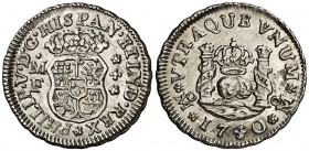 1740/30. Felipe V. México. MF. 1/2 real. (Cal. 1864). 1,69 g. Columnario. Mínima hojita. Buen ejemplar. Escasa así. EBC-.