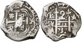 1733. Felipe V. Potosí. YA. 2 reales. (Cal. 1355). Visible el nombre del rey. Rara. MBC-.