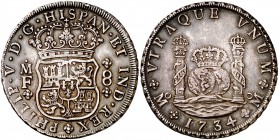 1734. Felipe V. México. MF. 8 reales. (Cal. 778). 26,92 g. Columnario. Preciosa pátina. Escasa y más así. EBC-.