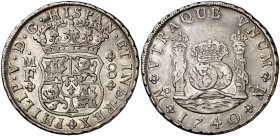 1740. Felipe V. México. MF. 8 reales. (Cal. 790). 26,78 g. Columnario. Leves marquitas. Parte de brillo original. MBC+/MBC.