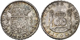 1740. Felipe V. México. MF. 8 reales. (Cal. 790). 27,01 g. Columnario. Preciosa pátina. Rara así. EBC.