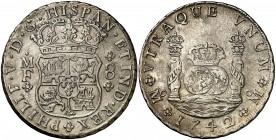 1742. Felipe V. México. MF. 8 reales. (Cal. 793). 26,27 g. Columnario. Oxidaciones. (MBC).