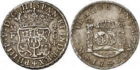 1745. Felipe V. México. MF. 8 reales. (Cal. 798). 27 g. Columnario. Grieta de acuñación. Pátina atractiva. MBC+/MBC.